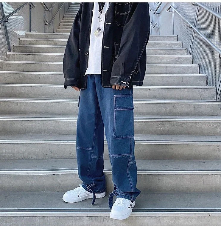 Aonga S-5XL Plus Size Men Wide Leg Jeans Mens 2022 Autumn Spring Hip Hop Streetwear New Loose Straight Baggy Denim Pants Male Brand