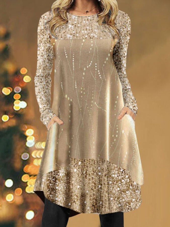 Round Neck Sequined Pocket Dress