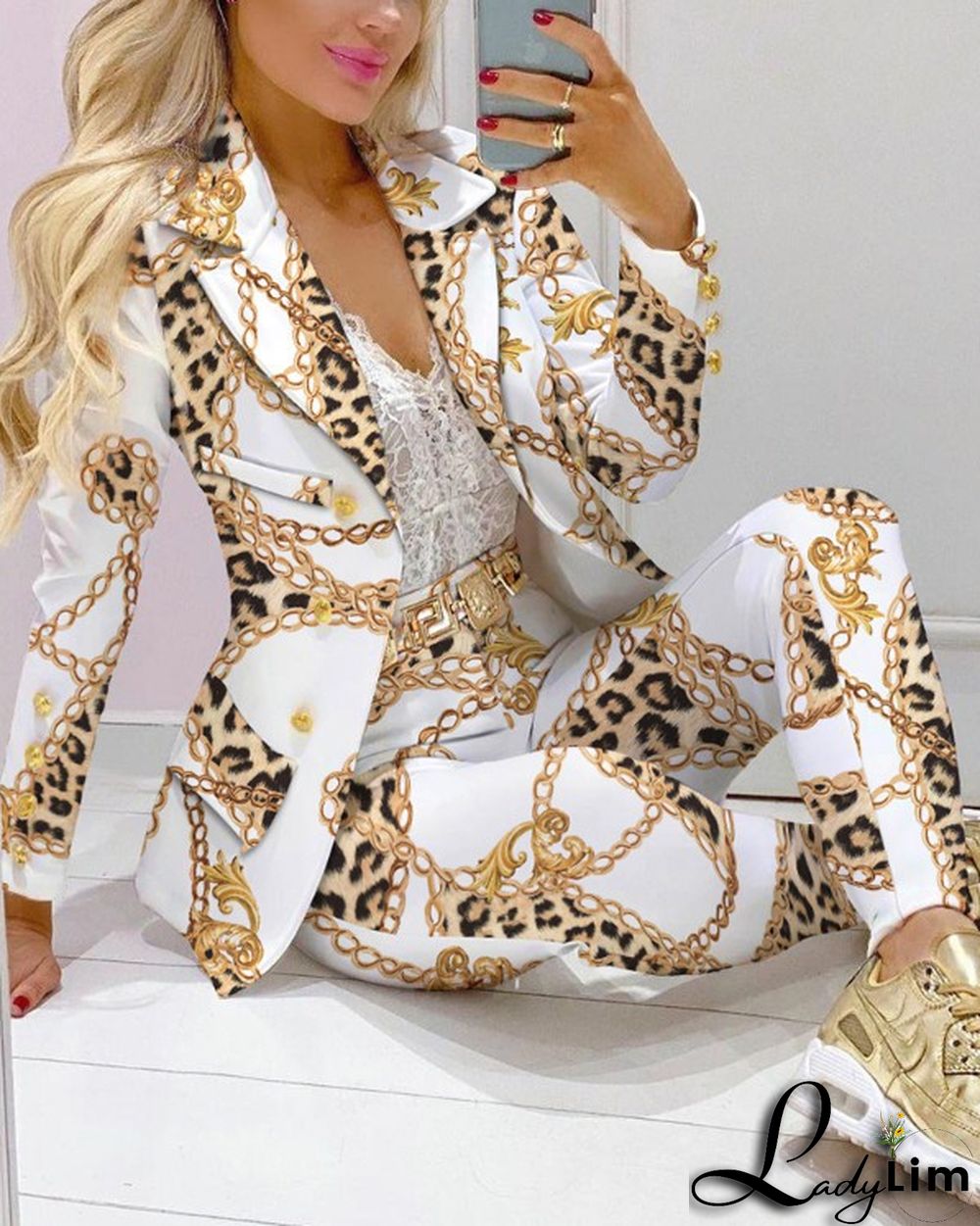 Fall Casual Fashion Suits Women's Print Blazer and pants two piece set