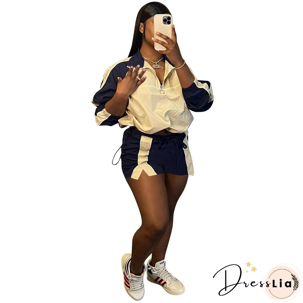 Color Patchwork Sportswear Two Piece Shorts Set