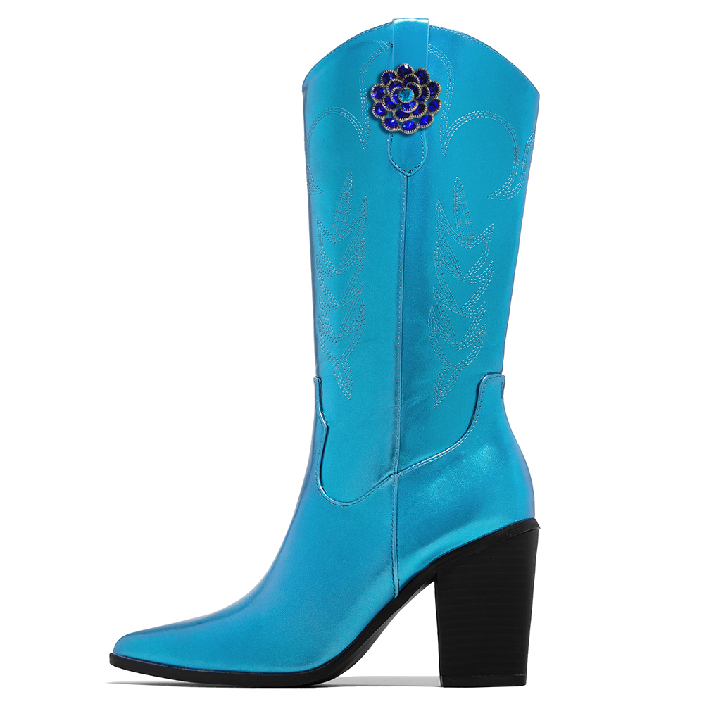 Blue Metallic Finish Stitching Mid-Calf Western Boots for Women Nicepairs