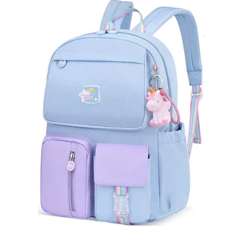 Girl Cute Backpacks Hit Color Middle School Student Rucksack (Blue+Purple)