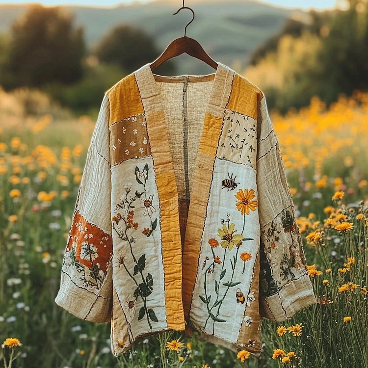 Utbros Women's Vintage Breathable Linen Bee Floral Kimono