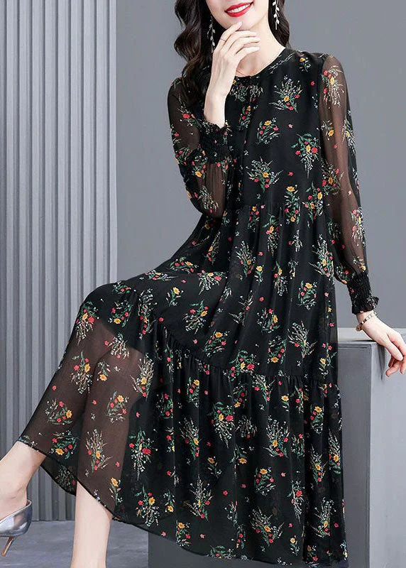 Modern Black Oversized Print Exra Large Hem Chiffon Dresses Spring
