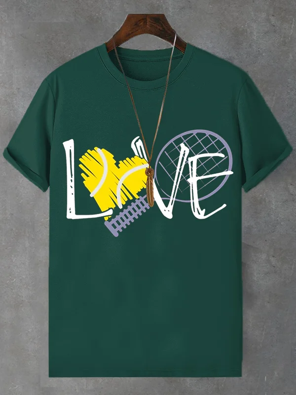 100% Cotton Men's Love Tennis Outdoor Sport Art Print Casual T-Shirt