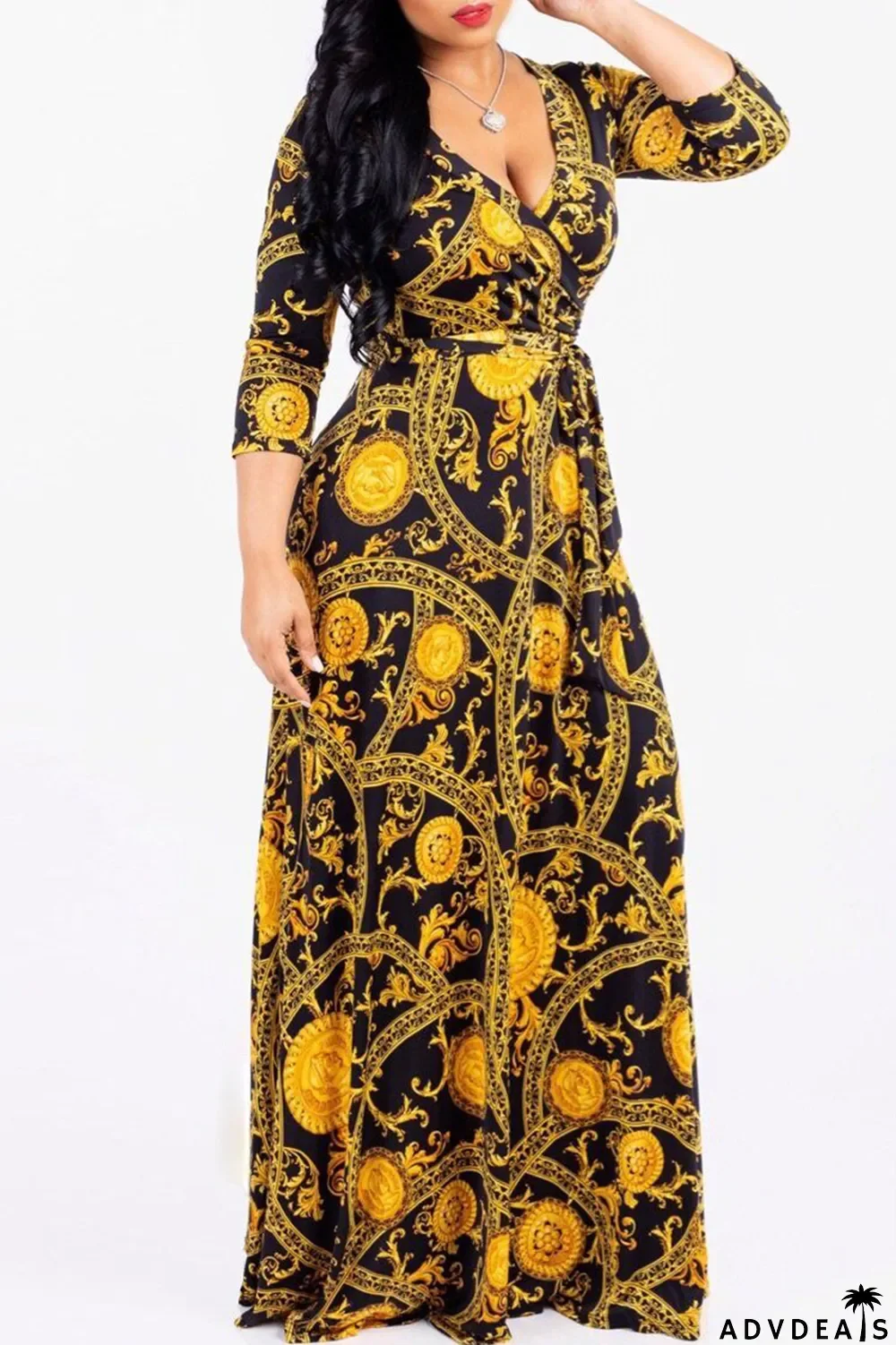 Multi-color Fashion Casual Print Bandage V Neck Long Sleeve Dresses