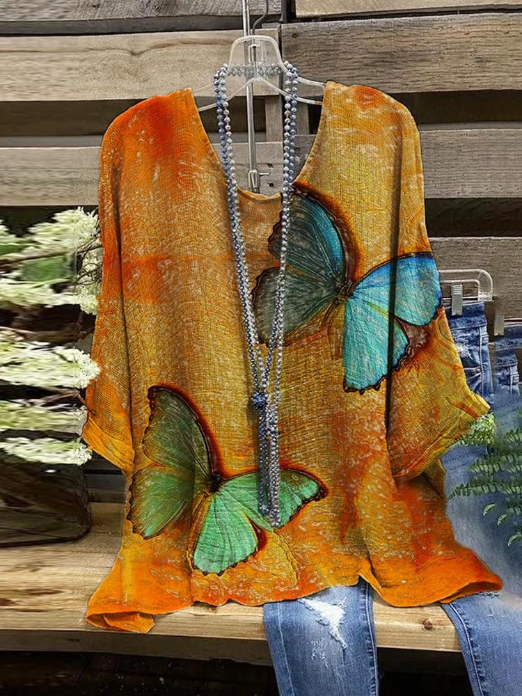 Women's Vintage Butterfly Art Printed Half Sleeved Top