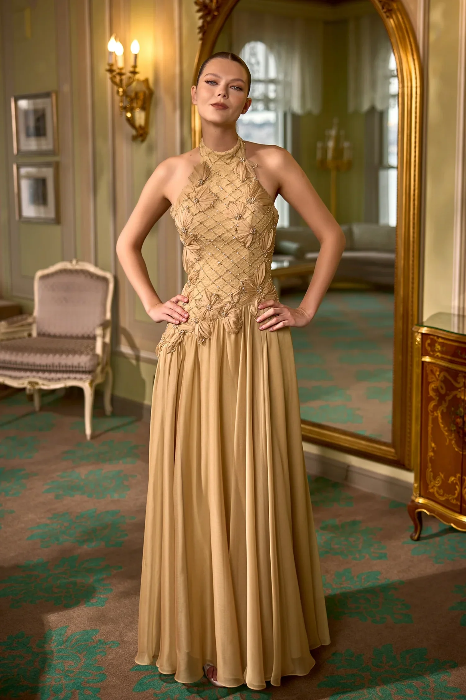 Lussooy Evening Dress Halter Floor Length Sheath with Beading and Flower