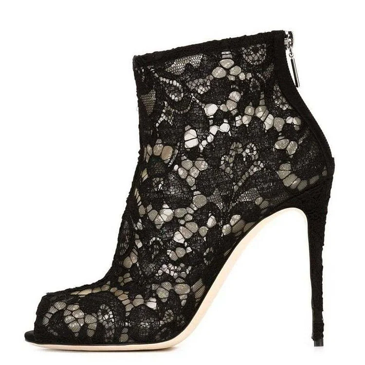 Black Floral Lace Peep Toe Booties Elegant Stiletto Heel Ankle Boots |FSJ Shoes