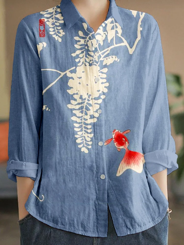 Vintage Japanese Goldfish Art Linen Blend Blouse