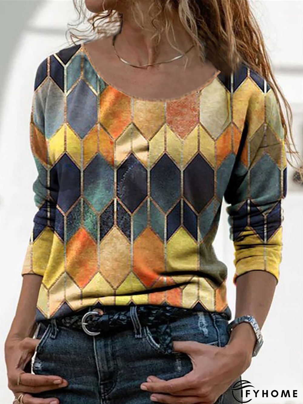 Women's Geometric Printed Roumd Neck Long Sleeve Casual Top | IFYHOME