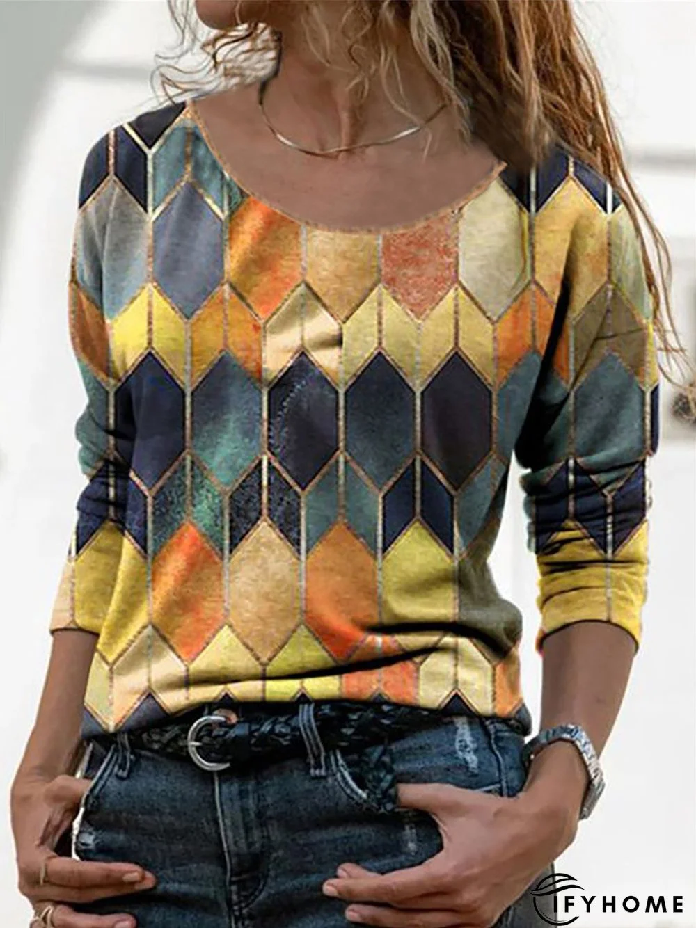 Women's Geometric Printed Roumd Neck Long Sleeve Casual Top | IFYHOME