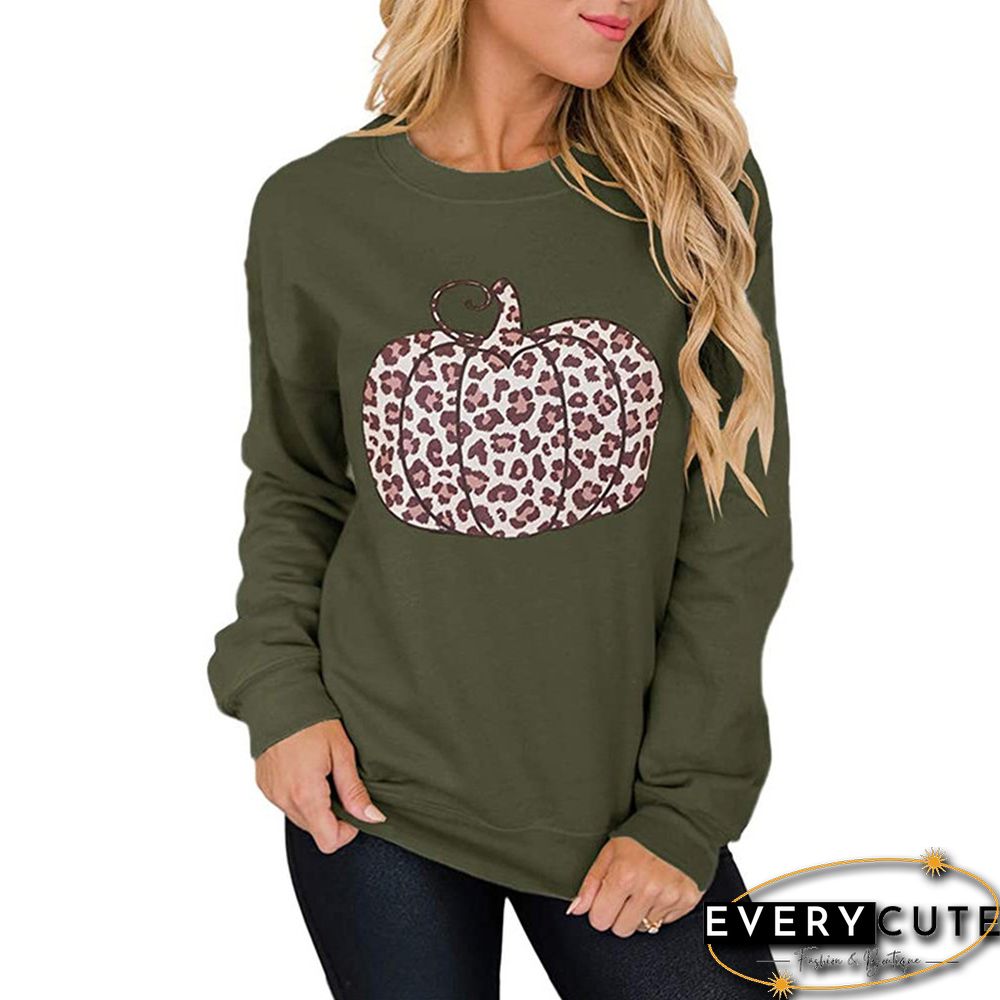 Army Green Pumpkin Print Pullover Sweatshirt