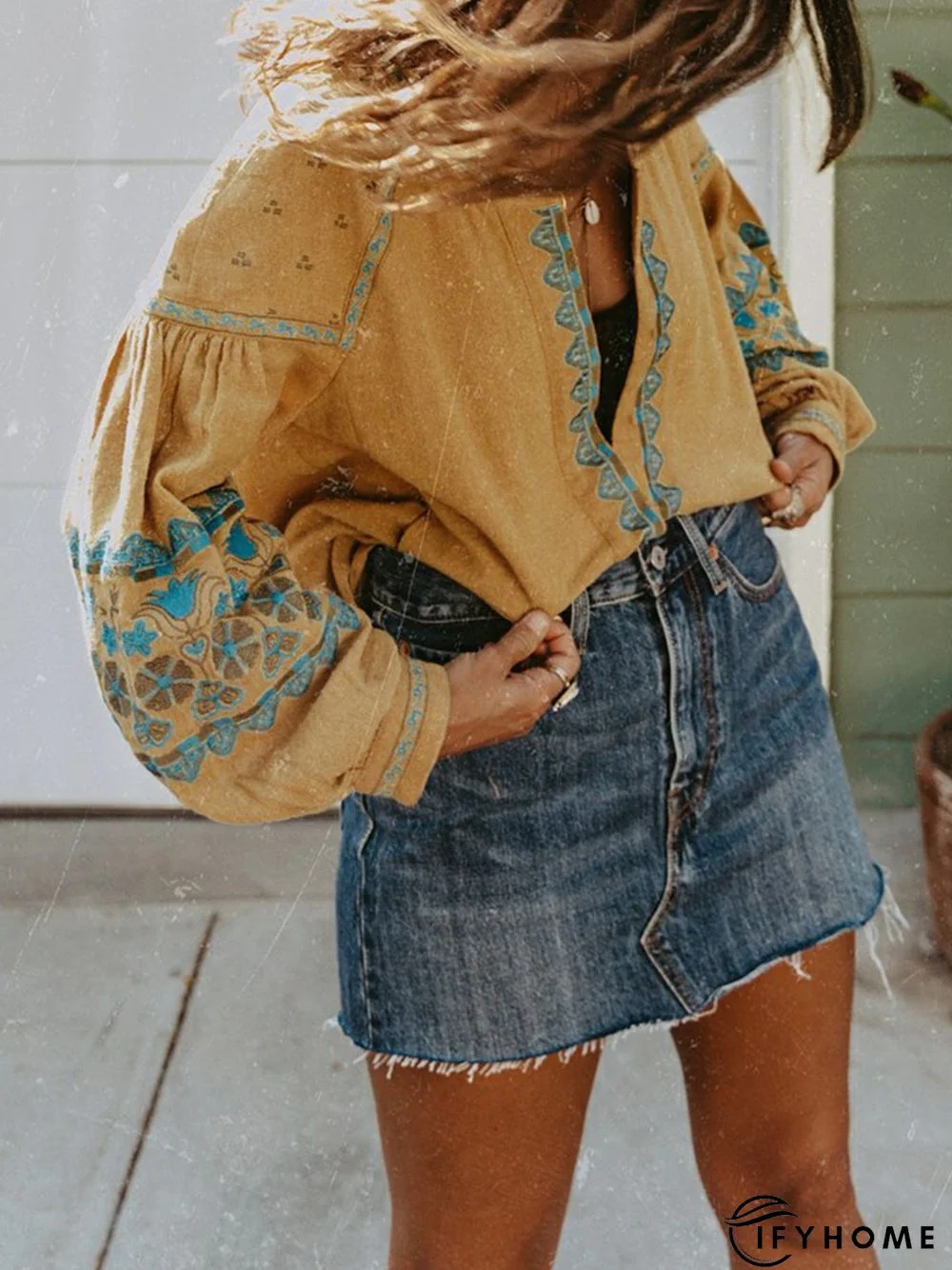 V Neck Long Sleeve Linen Vintage Blouse | IFYHOME