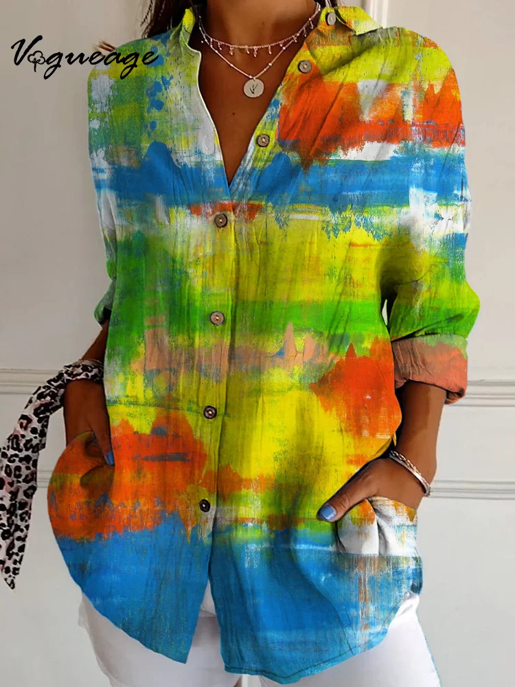 Simple And Bright Watercolor Style Multi-Color Smudge Long Sleeves Printed Cotton And Linen Shirt