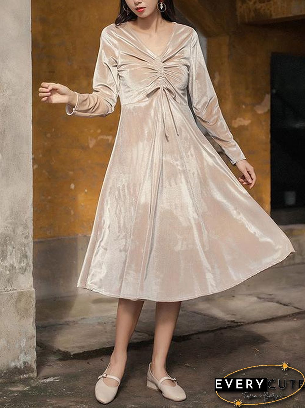 Women Drawstring V Neck Velevt Pure Color Dress