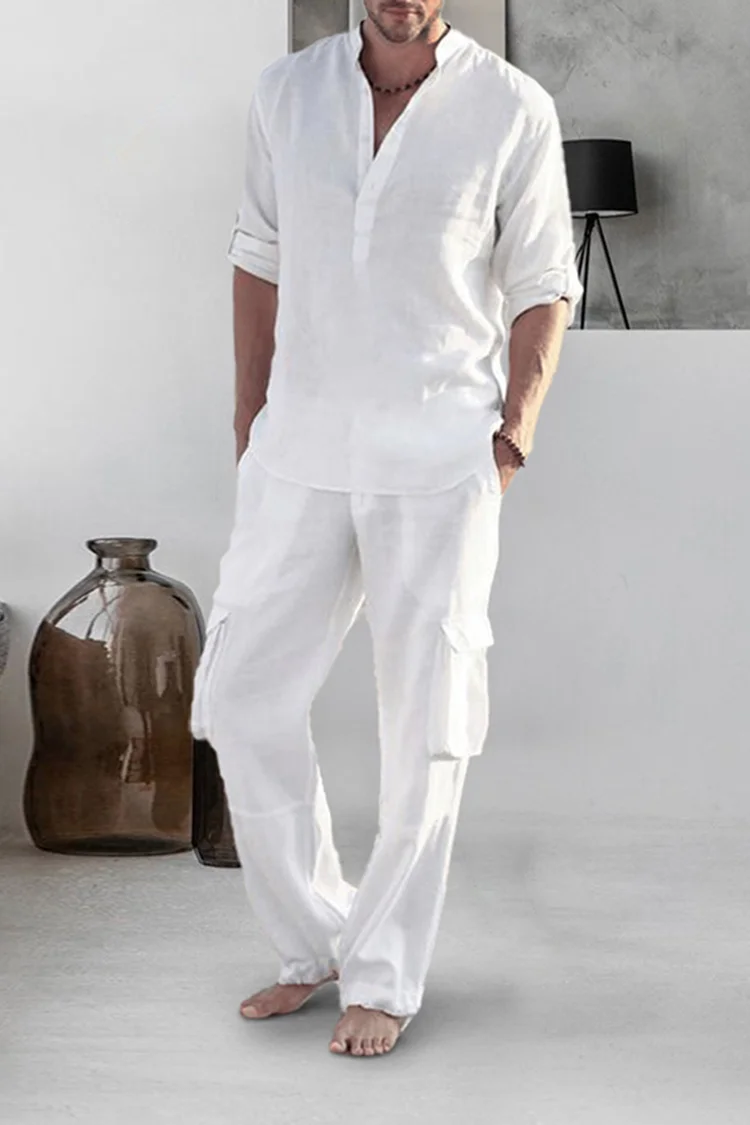 BrosWear White Henley Collar Cotton Linen Shirt And Pants Set