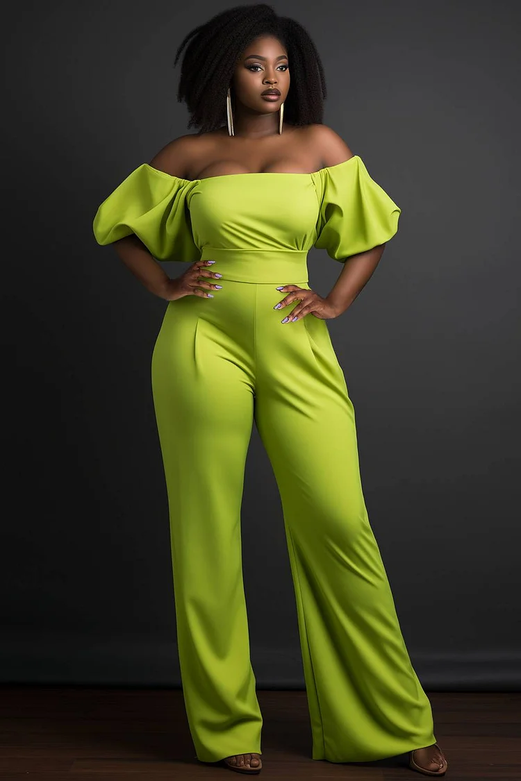 Xpluswear Design Plus Size Business Casual Green Off The Shoulder Flare Short Sleeve Jumpsuits [Pre-Order]