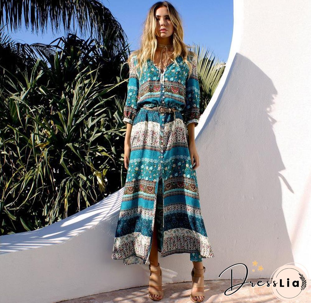 Autumn Print New Dress Women's Long Beach Dress