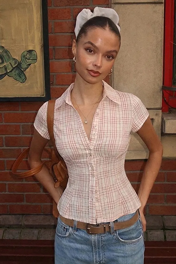 Plaid Button Down Shirt for Women Cotton Short Sleeve
