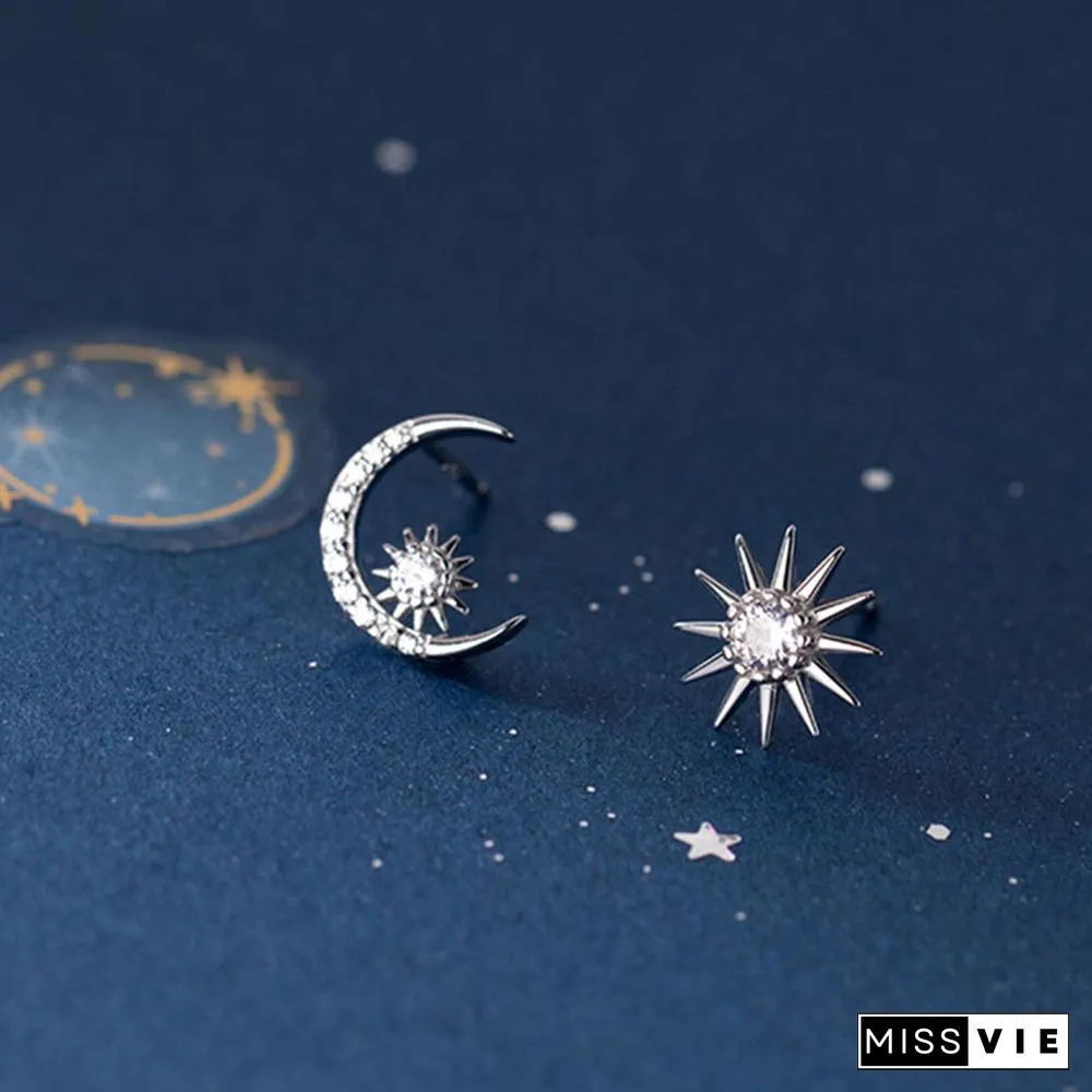 Sun Moon Asymmetrical 925 Sterling Silver Stud Earrings