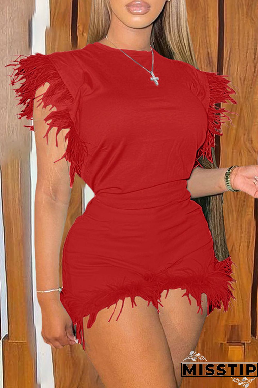 Sky Blue Fashion Casual Solid Patchwork Feathers O Neck Sleeveless Two Pieces