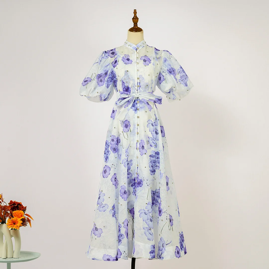 Nigikala Nigikala Court Style High Design Feeling Heavy Industry Nail Drill Short Sleeve Single Buckle Dress + Sling