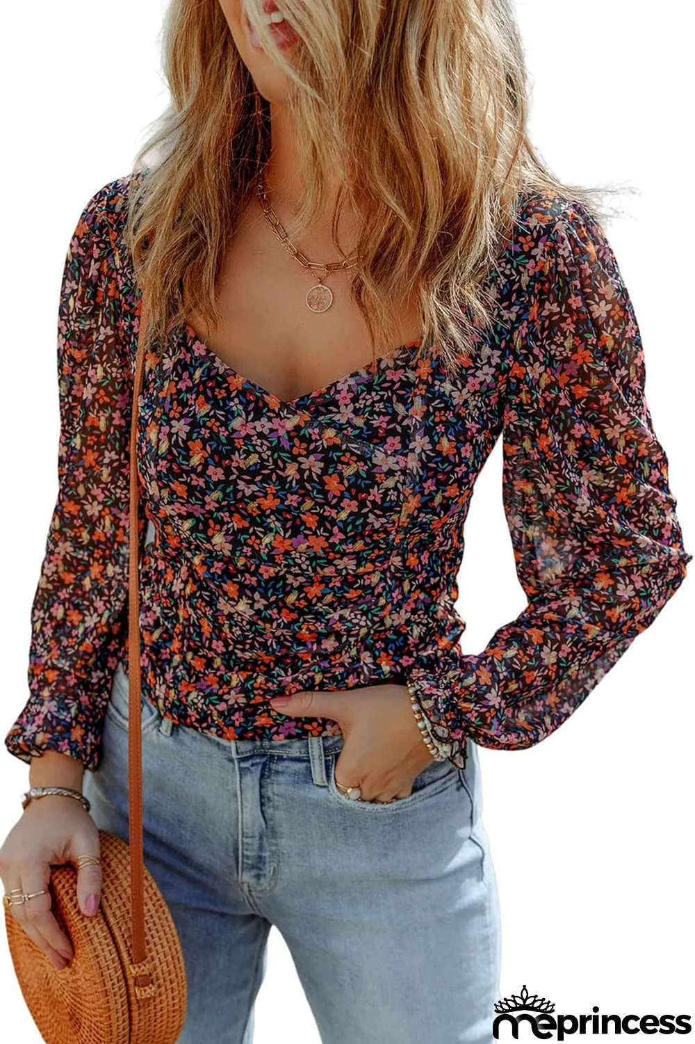 Black V Neck Bubble Sleeve Floral Blouse