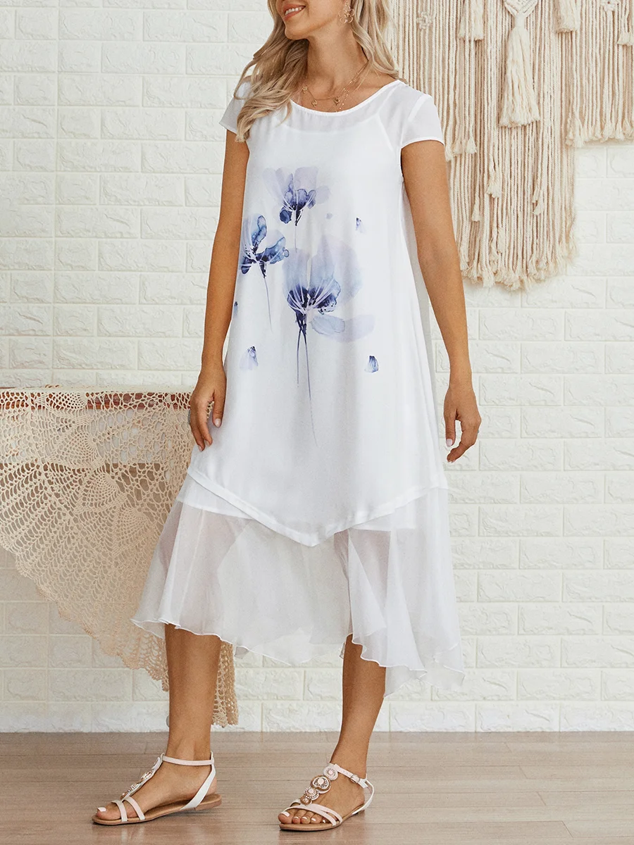 Womens Floral Print Round Neck Short Sleeve Dress