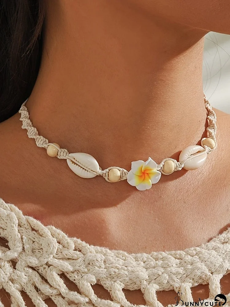 White Seashell and Flower Polymer Clay Choker Necklace