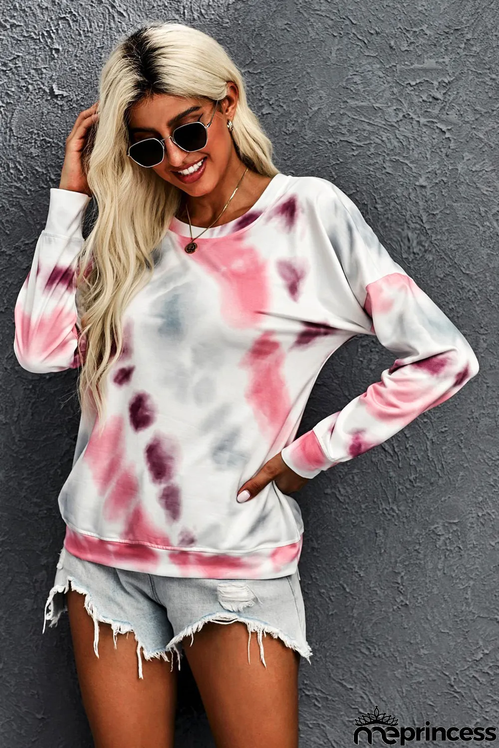 Pink Casual Tie-dye Round Neck Sweatshirt