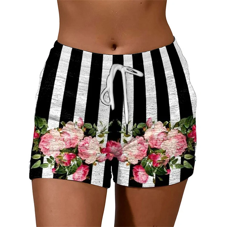 Casual Striped Floral Print Shorts