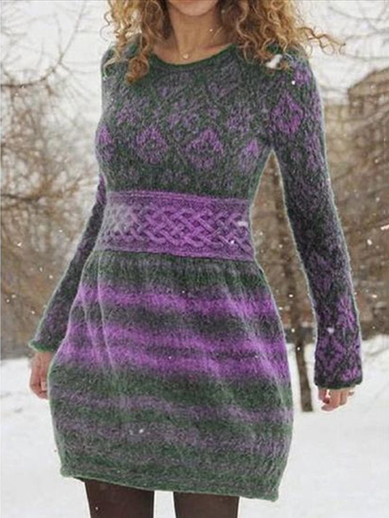 Ladies Knitted Round Neck Fashion Autumn Winter A-line Sweater Dress
