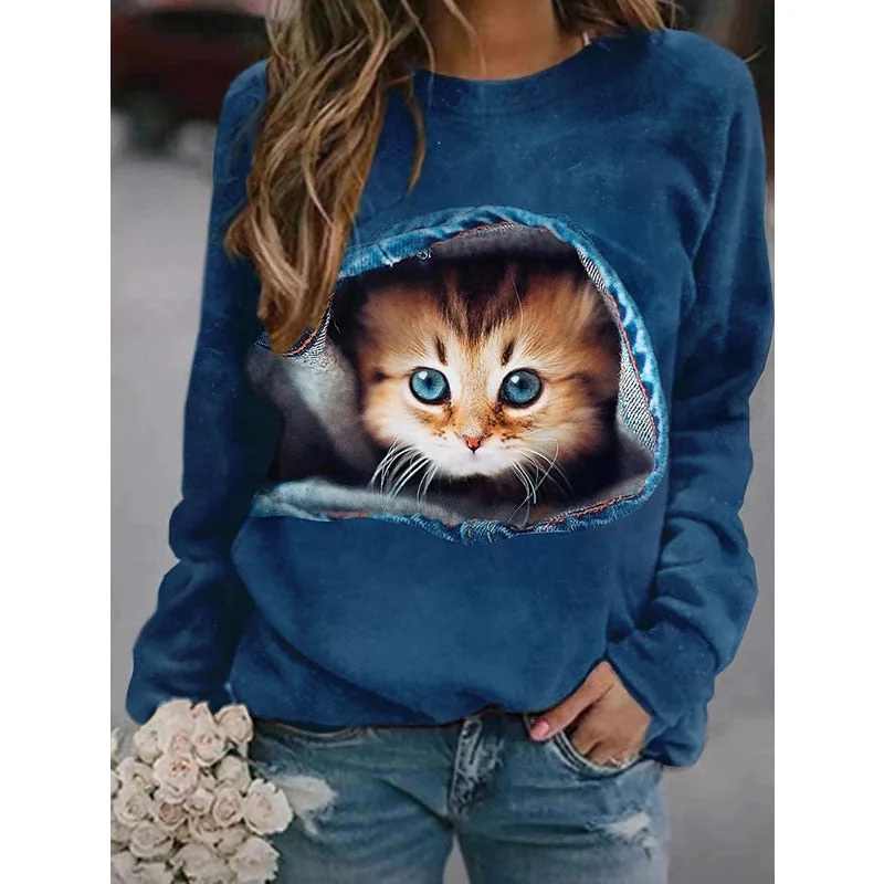 2022 New Y2K Cat 3D Print T-shirt Women Fashion Casual O-Neck Tops Long Sleeve Spring Summer Vintage Oversize Pullover T Shirts