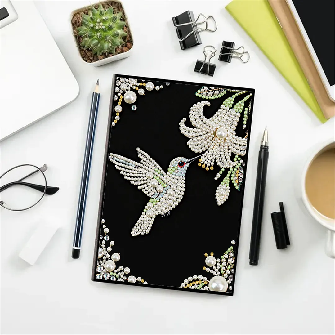 Flowers and Hummingbirds Partial Pearl DIY 50 Pages A5 Diamond Painting Notebook Special Shaped Diamond Art Diary Book Kits Wireless Strip 5D Crystal Art Paintings Sketchbook for Art Drawing
