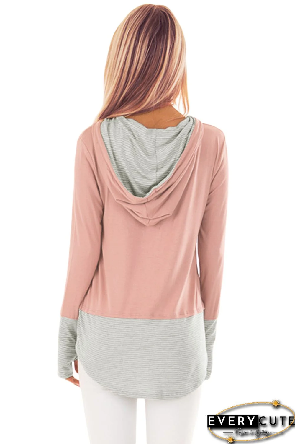 Pinstriped Patchwork Salmon Pink Thumbhole Sleeved Hoodie