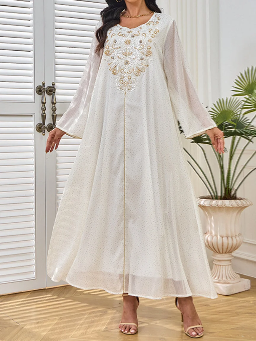 Women's Long Sleeve V-neck Sequins Embroidery Floral Maxi Dress