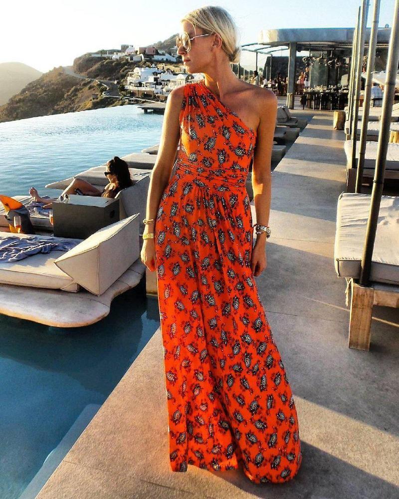 Fashion Floral Printed One Shoulder Maxi Dress-vocosishoes