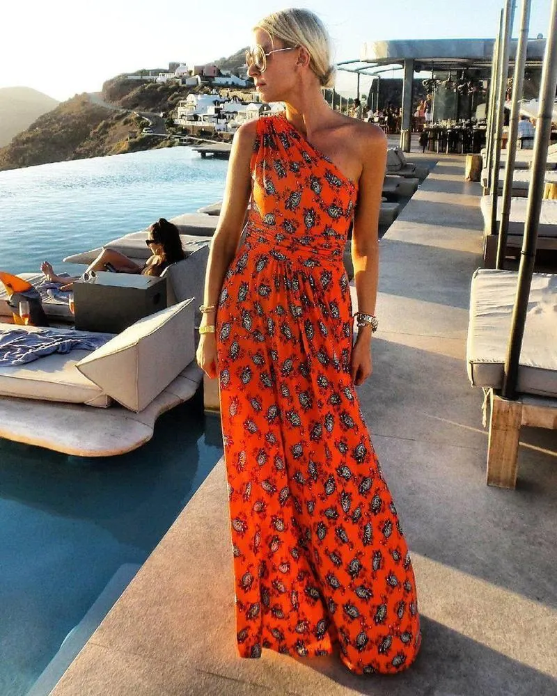 Fashion Floral Printed One Shoulder Maxi Dress-vocosishoes