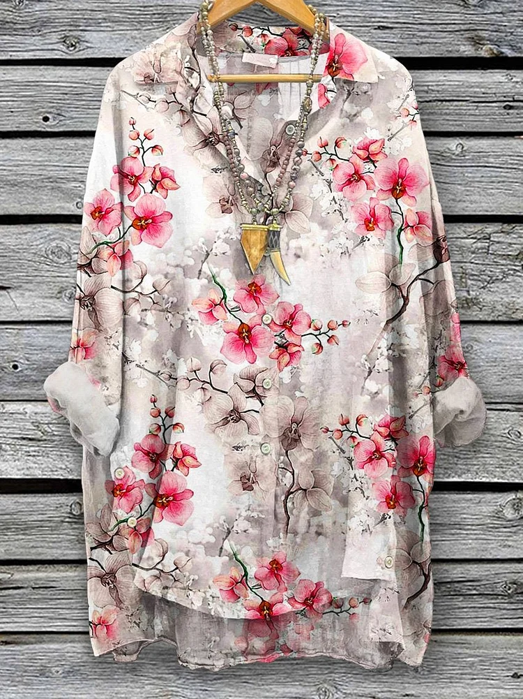 Women's  Floral  Print Casual Cotton And Linen Shirt