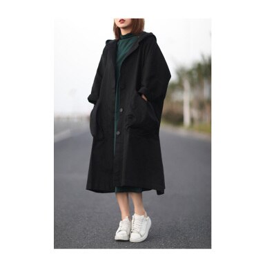 Single Breasted Hooded Long Coat Big Pocket Loose Casual Solid Trench Coats