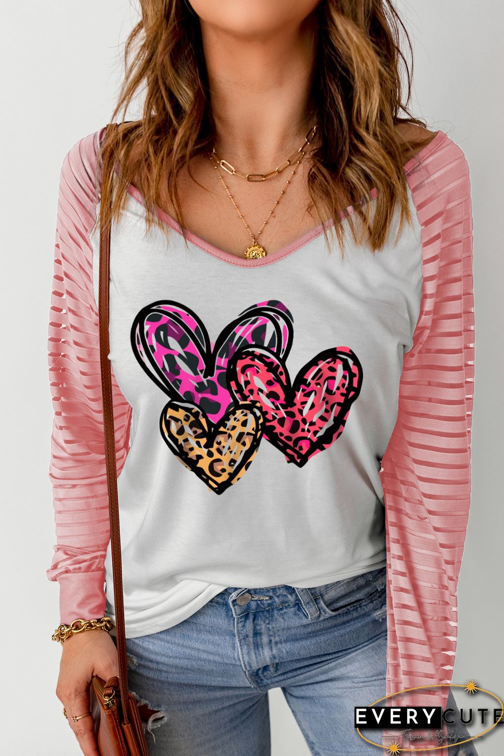 Pink Sheer Striped Sleeve Valentine's Day Leopard Heart Print Top