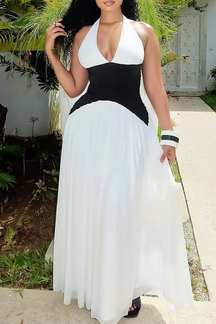 Colorblock Cinch Waist Deep V Neck Halter Maxi Dresses-White