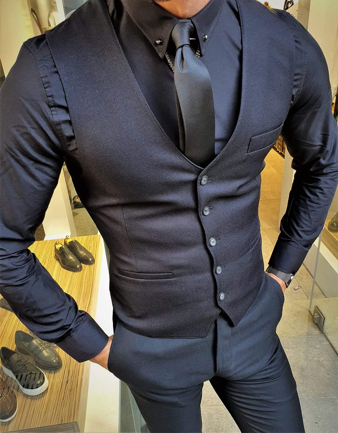 Verno Slim Fit Cotton Black Vest Only