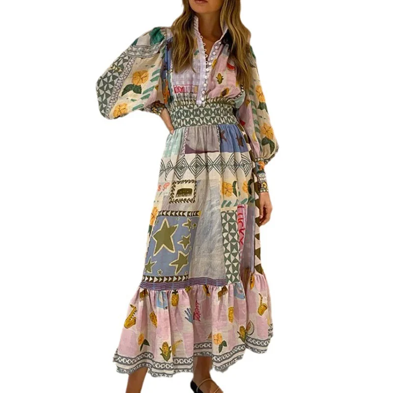 Uveng Uveng New Women's Temperament Commuter Print Painting Long Sleeve Fashion Swing Winter Dress