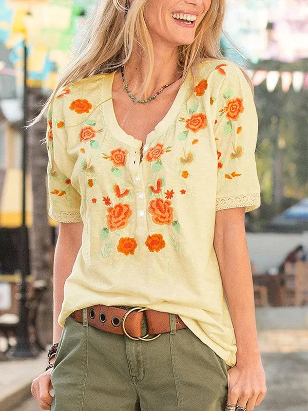 Women plus size clothing Women Tops Women Shirts Short Sleeve U-neck Floral Printed Buttons-Nordswear