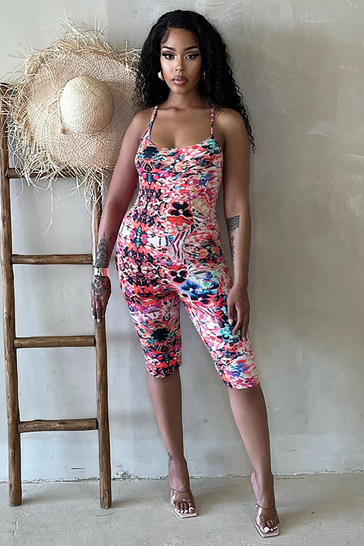 Floral Multicolor Print Slim Fit Open Back Halter Capri Jumpsuit-Red
