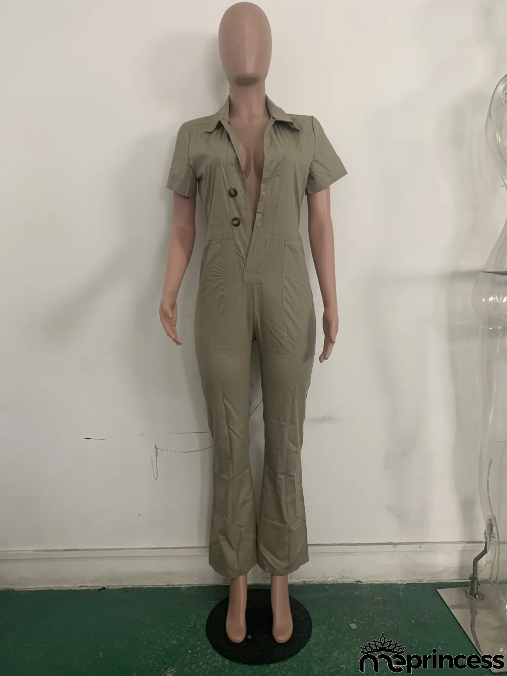 Summer Khaki Casual Button Up Collar Jumpsuit