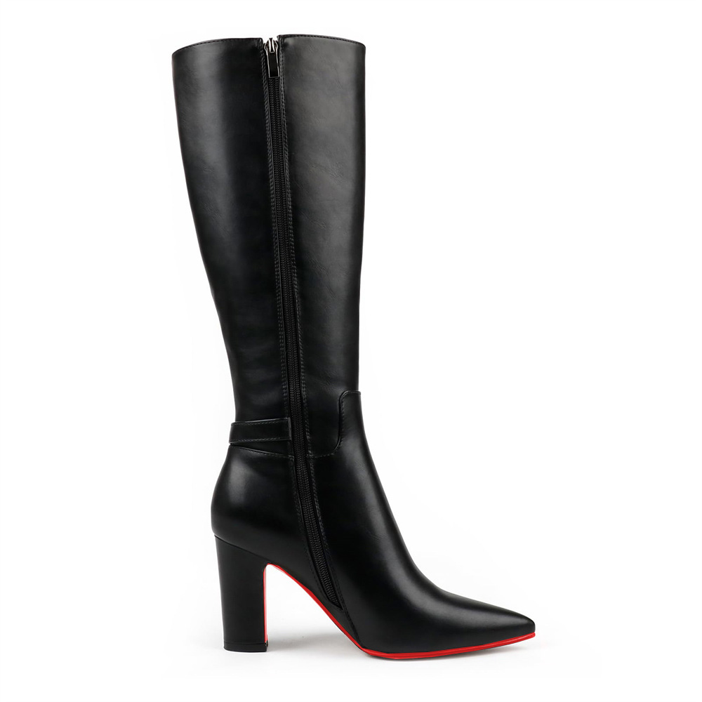 3.35" Women's Knee Red Bottom Boots Block Chunky Heels Zipper Fashion Sexy Boot-MERUMOTE