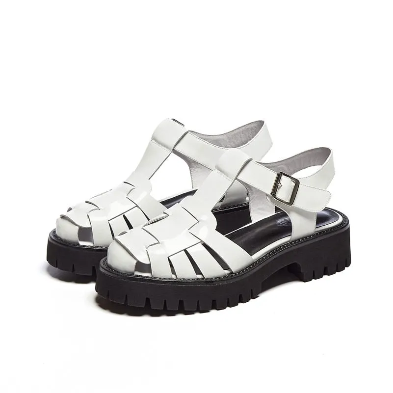 Meotina Platform Wedges Sandals Real Leather Mid Heel Shoes T-Strap Round Toe Female Footwear Buckle Sandals Summer Black New
